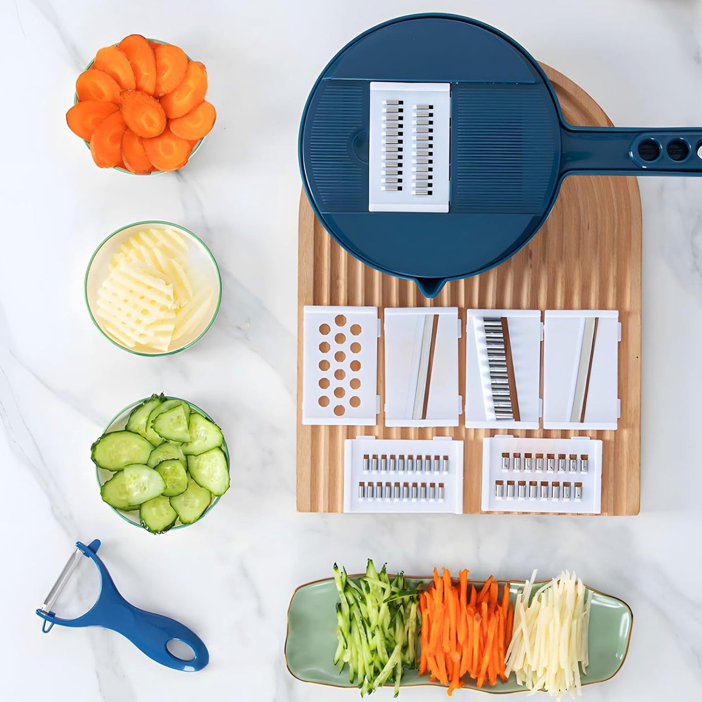 Vegetable and Cheese Grater Tool Set, Multifunction with Drain Basket, Vegetable Slicer, Mandolin Slicer, Chopper, Kitchen Gadget, Peeler and Shredder (Blue, 9 in