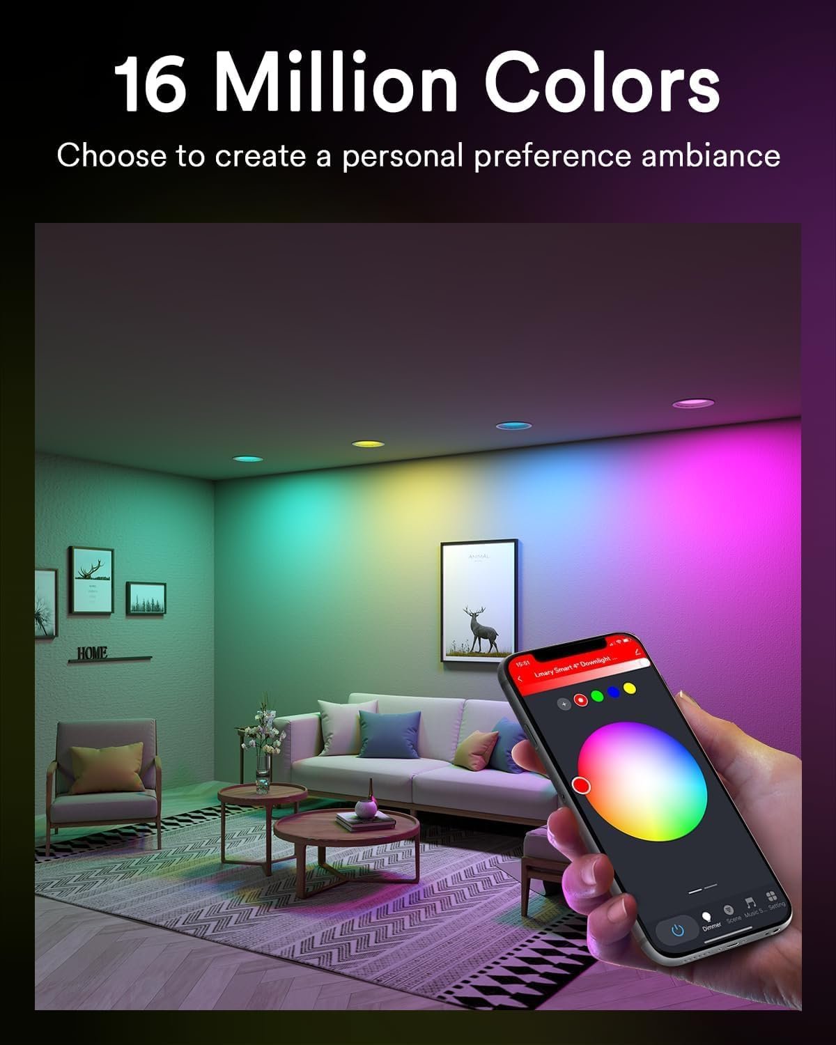 Lumary 6 Inch Smart WiFi Recessed Lighting, RGBWW Canless LED Wafer Downlight, 13W 1000Lm Color Changing, Ultra-Thin w/Anti-Glare Baffle, Compatible with Alexa/Google/Remote-Included, 4PCS