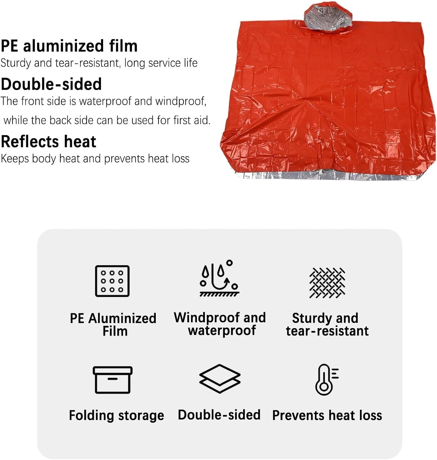 Davonpha Emergency Poncho with Mylar Lined Hood, Reflective, Thickened Double Sided, 90% Heat Retention, Orange, Ultralight Outdoor Survival Blanket for Men, Women, Adults, Camping, Hiking