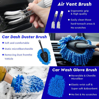 LYACON Car Cleaning Kit – 28PCS, Interior Car Accessories, Car Wash Kit – Car Cleaning Products Interior and Exterior – Cleaning Brush for Car Rims, Car Seats, Window Cleaner, Detailing Kit for Cars