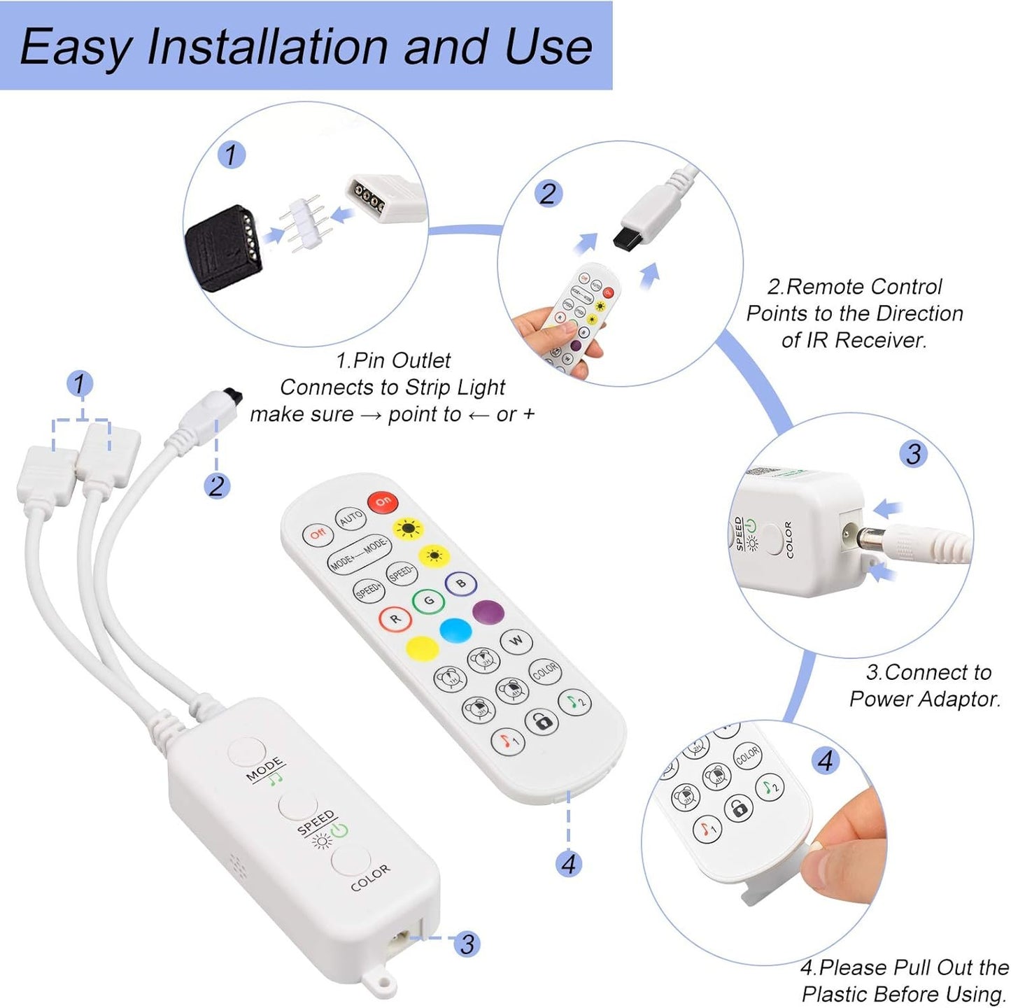 LED Remote Replacement with Controller, Bluetooth RGB LED Controller Set with APP/Music Sync Only Compatible with 12V 10mm RGB LED Lights Strip (12V/36W Power Adapter Included)