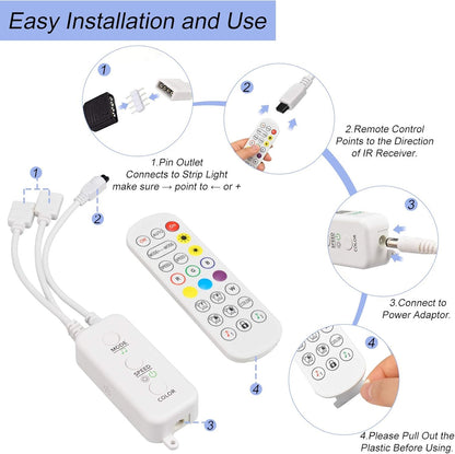 LED Remote Replacement with Controller, Bluetooth RGB LED Controller Set with APP/Music Sync Only Compatible with 12V 10mm RGB LED Lights Strip (12V/36W Power Adapter Included)