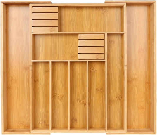 Expandable Cutlery Organizer, 7-9 Slot Bamboo Utensil Drawer Organizer with 2 Removable Knife Blocks, Adjustable Wooden Cutlery Tray Holder Kitchen Drawer Organizer for Silverware, Flatware