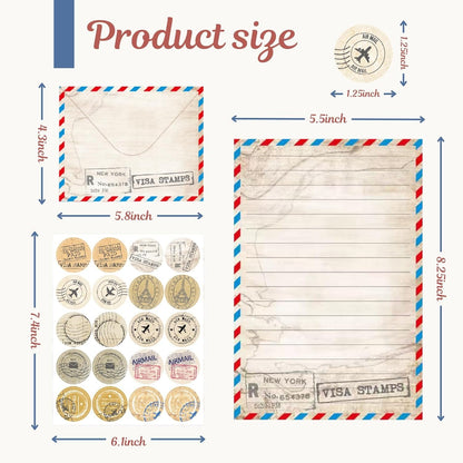 160 Pack Vintage Airmail Stationery Paper and Envelopes Set in 10 Different Designs, 50 One Sided Stationery Lined Writing Papers with 50 Matching Envelopes and 60 Dot Stickers for Writing Letters