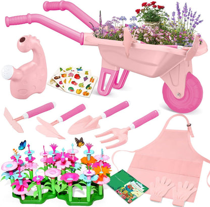 Qtioucp 16Pcs Kids Gardening Tools Set Backyard Play with Wheelbarrow, Apron, Watering Can and More Educational STEM Learning Pretend Toys Outdoor Indoor for Toddlers Kids Boys Girls (Pink)