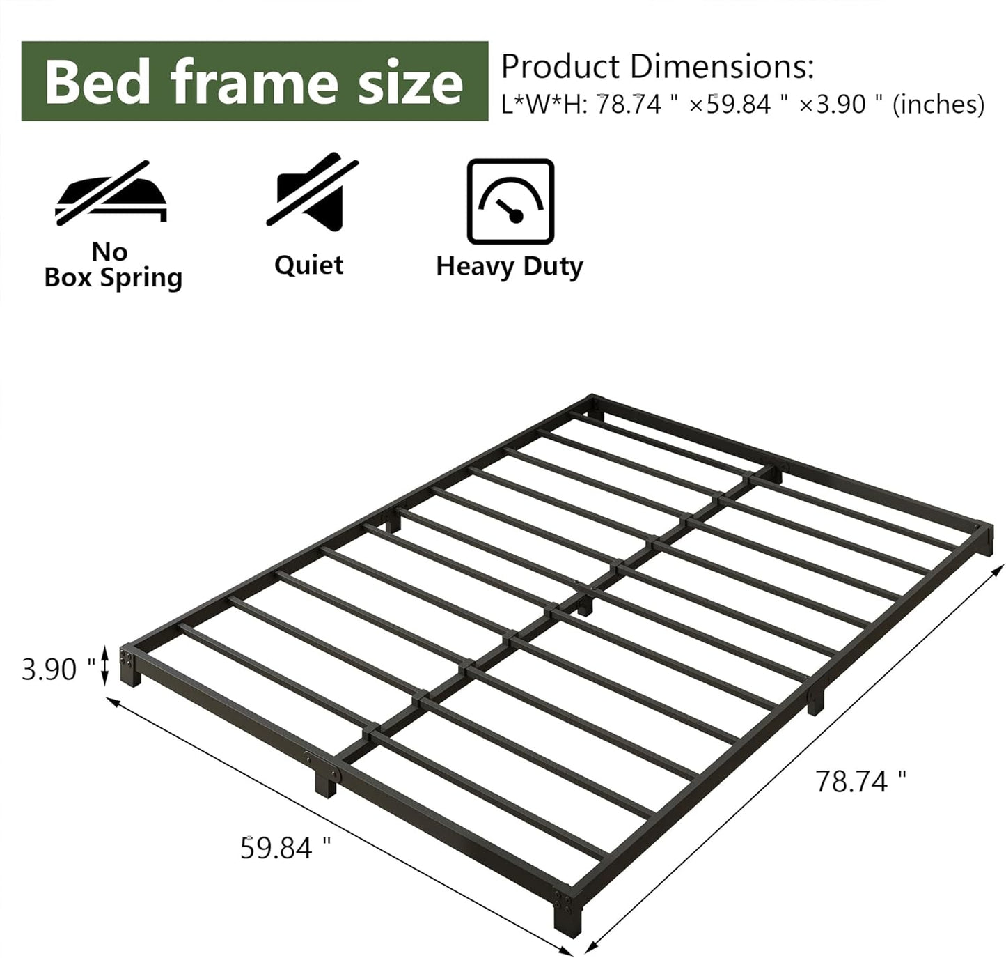 VERFARM 3 Inch Low Queen Size Bed Frame, Heavy Duty Metal Platform Bed Frame Queen, No Box Spring Needed, Sturdy Steel Slat Support, Easy Assembly, Black, Queen
