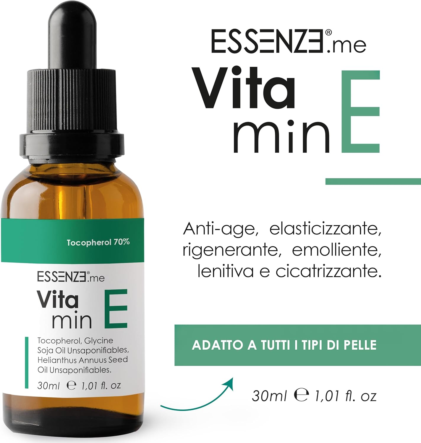 Tocopherol 70% Natural Vitamin E Oil Highly Concentrated to Dilute in Face Serum, Anti-Wrinkle Cream, Products for Hair, Nails and Cuticles. Antioxidant, Anti-Aging, Anti-Dirt, Soothing 30 ml