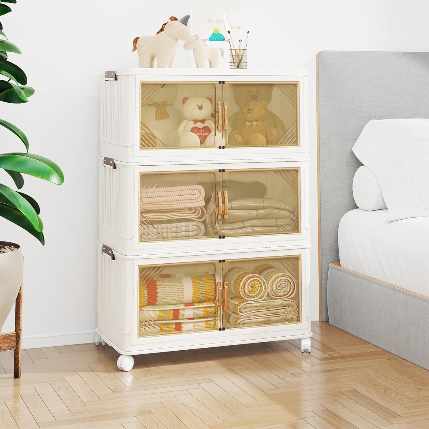 Storage Bins with Lids, 90 Gal/360 Qt Capacity, 3 Pack Large Stackable Storage Bins with Lids, White Collapsible Storage Bins with Wheels, Foldable, Customizable, for Home Office Organization