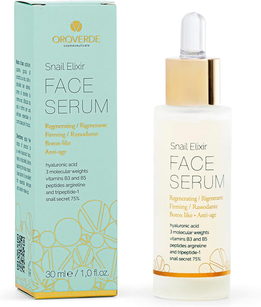 OROVERDE cosmeceuticals Snail Elixir Face Serum 30 ml, Intensive Anti-Age Face Serum Botox Effect - 75% Italian Snail Slime, Hyaluronic Acid 3 Molecular Weights, Peptides, Vitamins B3 and B5, Centella