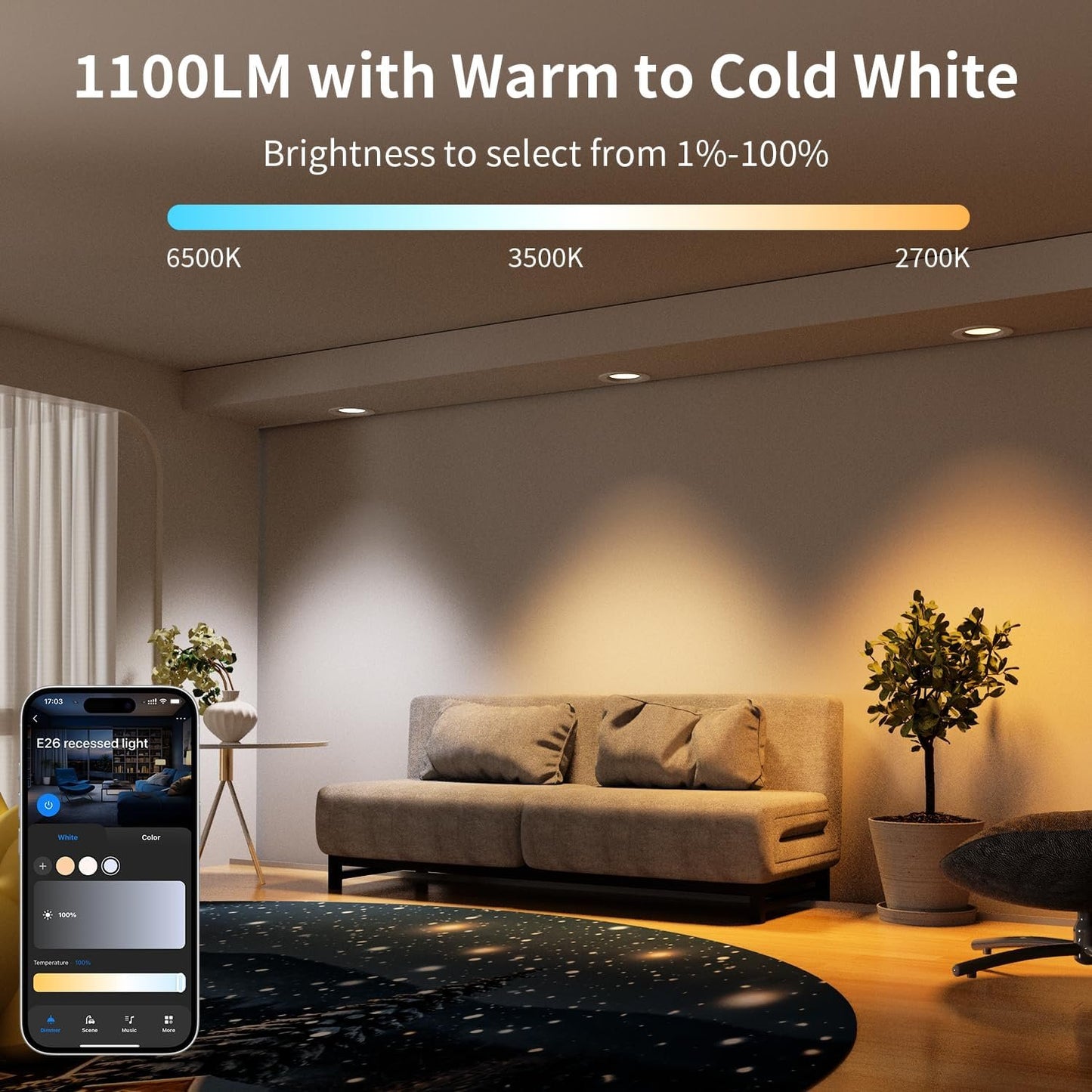 Peteme E26 Retrofit LED Recessed Lighting 6 Inch, IC Rated ETL Certified Smart Can Light Baffle Trim Style, RGBCW Dimmable Color Changing Soffit Downlight Compatible with Alexa/Google, 1100LM, 6 Pack