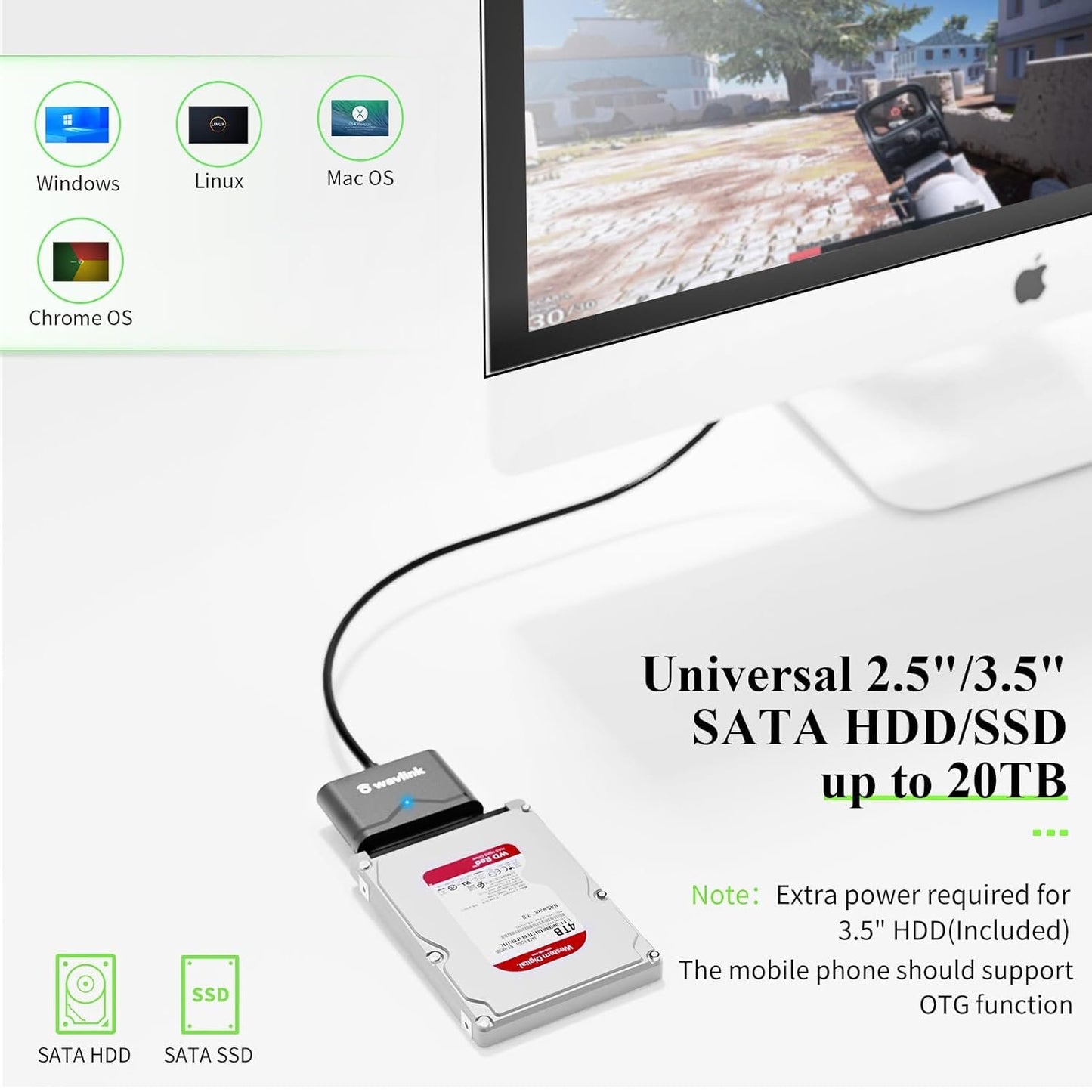 WAVLINK SATA to USB Type-A Hard Drive Cable, 5Gbps USB3.0, Supports UASP, External Hard Drive SATA I/II/III Connector, 2.5" SSD/HDD and 3.5" HDD up to 20TB, Power Adapter Included