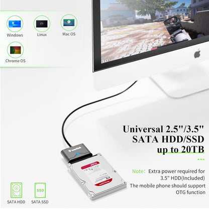 WAVLINK SATA to USB Type-A Hard Drive Cable, 5Gbps USB3.0, Supports UASP, External Hard Drive SATA I/II/III Connector, 2.5" SSD/HDD and 3.5" HDD up to 20TB, Power Adapter Included