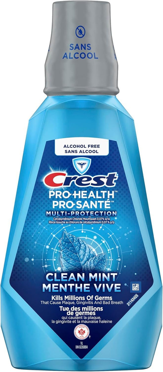 Crest Pro-Health Multi-Protection Alcohol-Free Mouthwash, Clean Mint, Freshens Breath with 12 Hours of Breath Protection, 1L