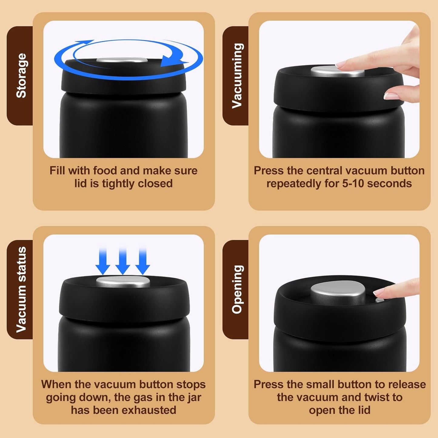 Coffee Vacuum Canister, 1200ml Stainless Steel Food Storage Container, Airtight Coffee Bean Container, Press Out Excess Air Preserve Food Freshness, Multi Use Coffee Canister for Cereal, Loose Tea