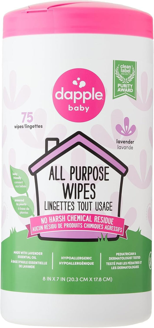 Dapple Baby - All Purpose Cleaning Wipes, Baby Safe, Natural Toy and High Chair Wipes, Plant Based, Sweet Lavender Scented - 75 Count