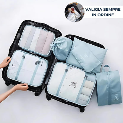 (Think Space) Set of 7 Organiser Suitcase – Storage Boxes of Different Sizes, Shoe Bag, Women's Beauty Case, Dirty Cloth Bag – Durable and Breathable Suitcase Set, grey