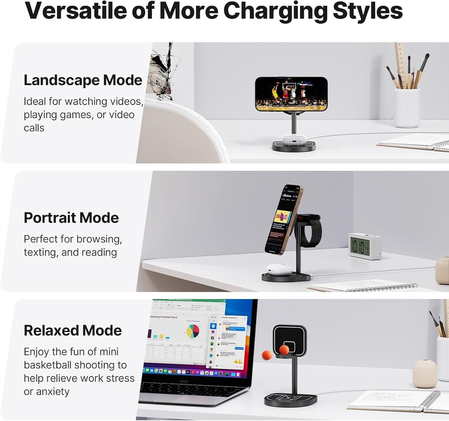 KU XIU X85 3-in-1 Wireless Charging Station, Magnetic Charger Stand with Mini Basketball Hoop for iPhone 16/15/14/13/12, 5W Fast Charging for Apple Watch S10/Ultra/9/8/7, AirPods 4/3/2/Pro - Black