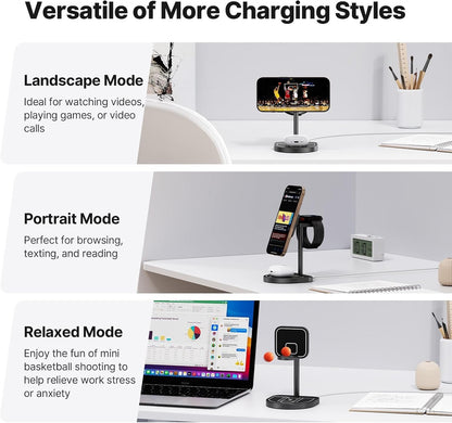 KU XIU X85 3-in-1 Wireless Charging Station, Magnetic Charger Stand with Mini Basketball Hoop for iPhone 16/15/14/13/12, 5W Fast Charging for Apple Watch S10/Ultra/9/8/7, AirPods 4/3/2/Pro - Black