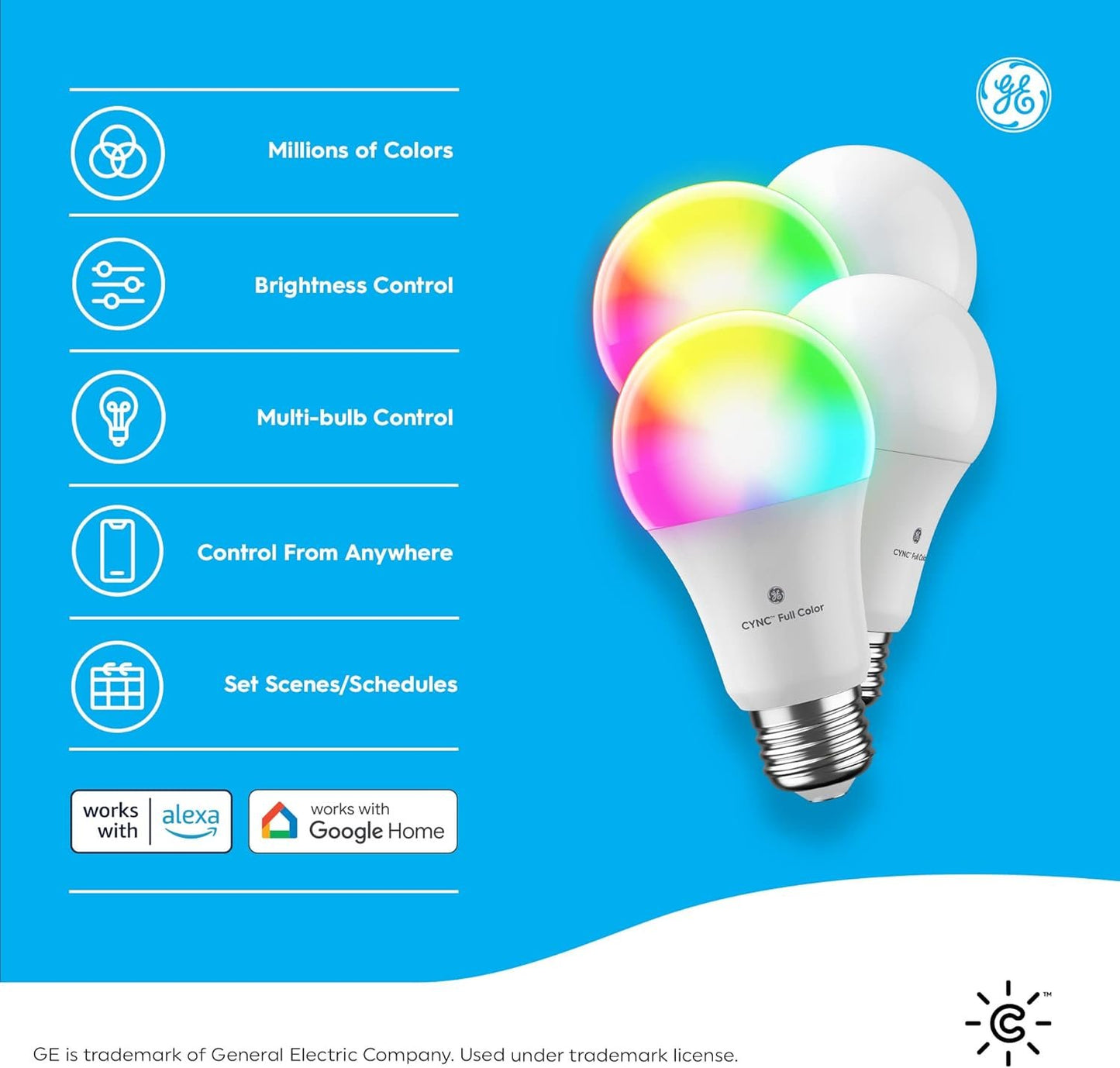 GE CYNC Smart LED Light Bulbs, Color Changing, Bluetooth and Wi-Fi Enabled, Alexa and Google Assistant Compatible, A19 Light Bulbs (4 Pack), 9.5 W