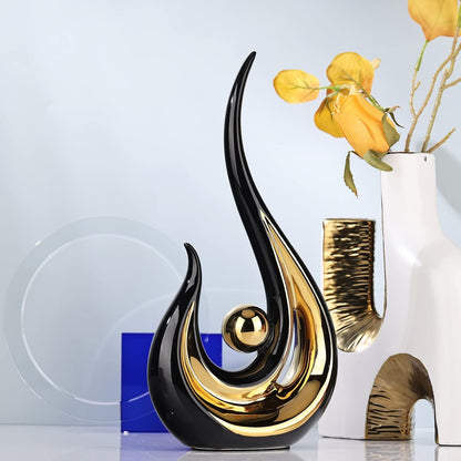 XMGZQ Black and Gold Ceramic Abstract Art Decor, Modern Abstract Flame Shape Statue for Home, Office, Dining Room