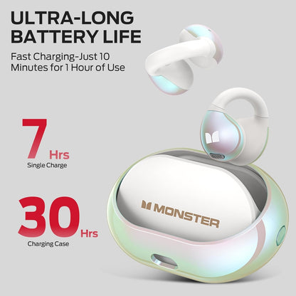 Monster Wireless Earbuds, Bluetooth 5.4 Clip-On Earbuds with HiFi Stereo, Open Earphones with ENC Clear Call, 21H Playtime, Fast Charge, Touch Control, IPX6 Waterproof Wireless Headphones for Exercise