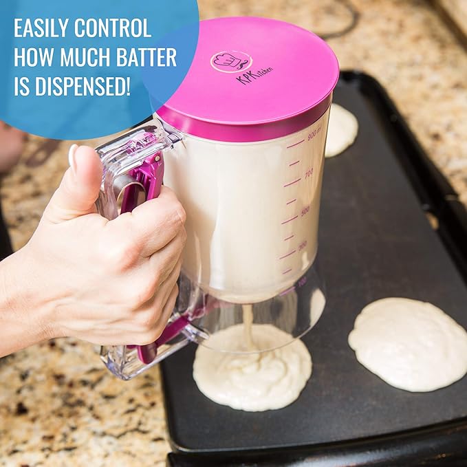 KPKitchen Pancake Batter Dispenser - Kitchen Must Have Tool for Perfect Pancakes, Cupcake, Waffle, Muffin Mix, Cake & Crepe - Easy Pour Baking Supplies for Griddle - Pancake Maker with Measuring Label