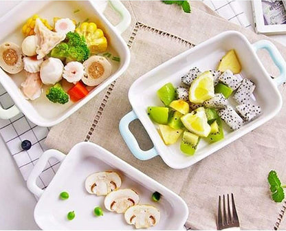 Foraineam 6 Pieces Bakeware Set, White Porcelain Souffle Dishes Creme Brulee Ramekins, 6-1/4 x 4-3/4 inch Rectangular Baking Pans with Double Handles