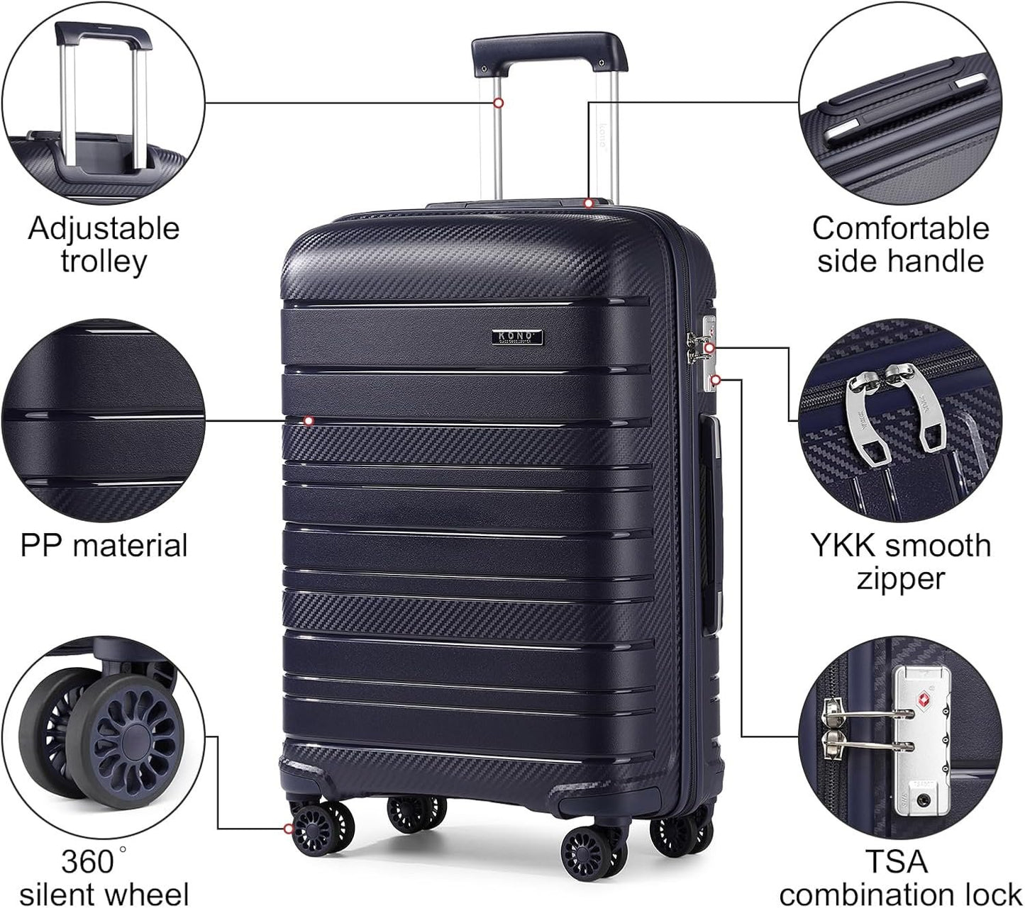 Kono Lightweight Hard Shell Suitcase Travel Carry On Luggage, Navy, Hard Cabin Suitcase