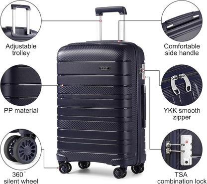 Kono Lightweight Hard Shell Suitcase Travel Carry On Luggage, Navy, Hard Cabin Suitcase
