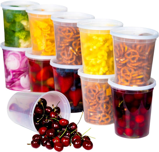 Food Storage Containers with Lids 32oz Freezer Deli Cups Combo Pack, 24 Sets BPA-Free Leakproof Round Clear Takeout Container Meal Prep Microwavable, Airtight Lids