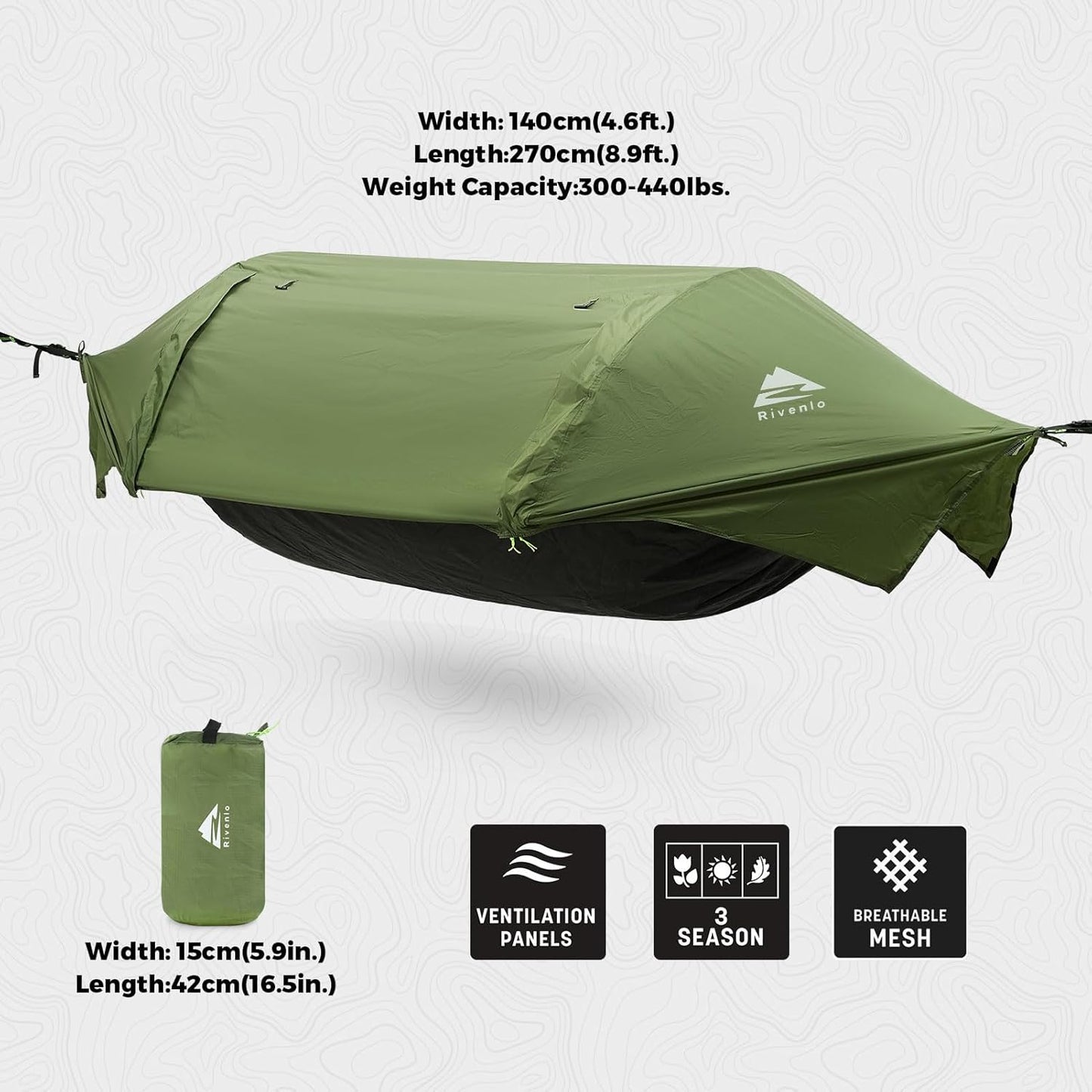 Rivenlo Camping Hammock Tent with Mosquito Net & RainFly, 3 in 1 Waterproof Lightweight Portable Sleeping Hammock Bug Backpacker Travel Outdoor Gear with Tree Strap Swing, for Hiking Patio Expedition