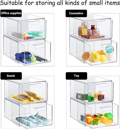 YIEZI Stackable Makeup Organizer Storage Drawers, 4.4'' Tall Acrylic Bathroom Organizer，Clear Plastic Storage Bin for Vanity, Under Sink, Kitchen Cabinets, Pantry Storage and Home Organization, 4 Pack