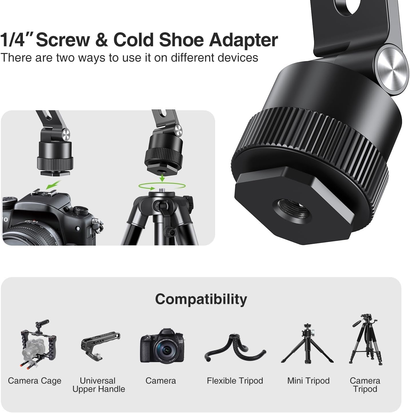 elitehood Aluminum Magnetic Phone Tripod Mount Adapter for MagSafe iPhone 15/14/13 Series with 1/4” Screw & Cold Shoe, Dual 180° Tilt Phone Mount for Portable Electronic Devices
