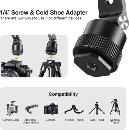 elitehood Aluminum Magnetic Phone Tripod Mount Adapter for MagSafe iPhone 15/14/13 Series with 1/4” Screw & Cold Shoe, Dual 180° Tilt Phone Mount for Portable Electronic Devices