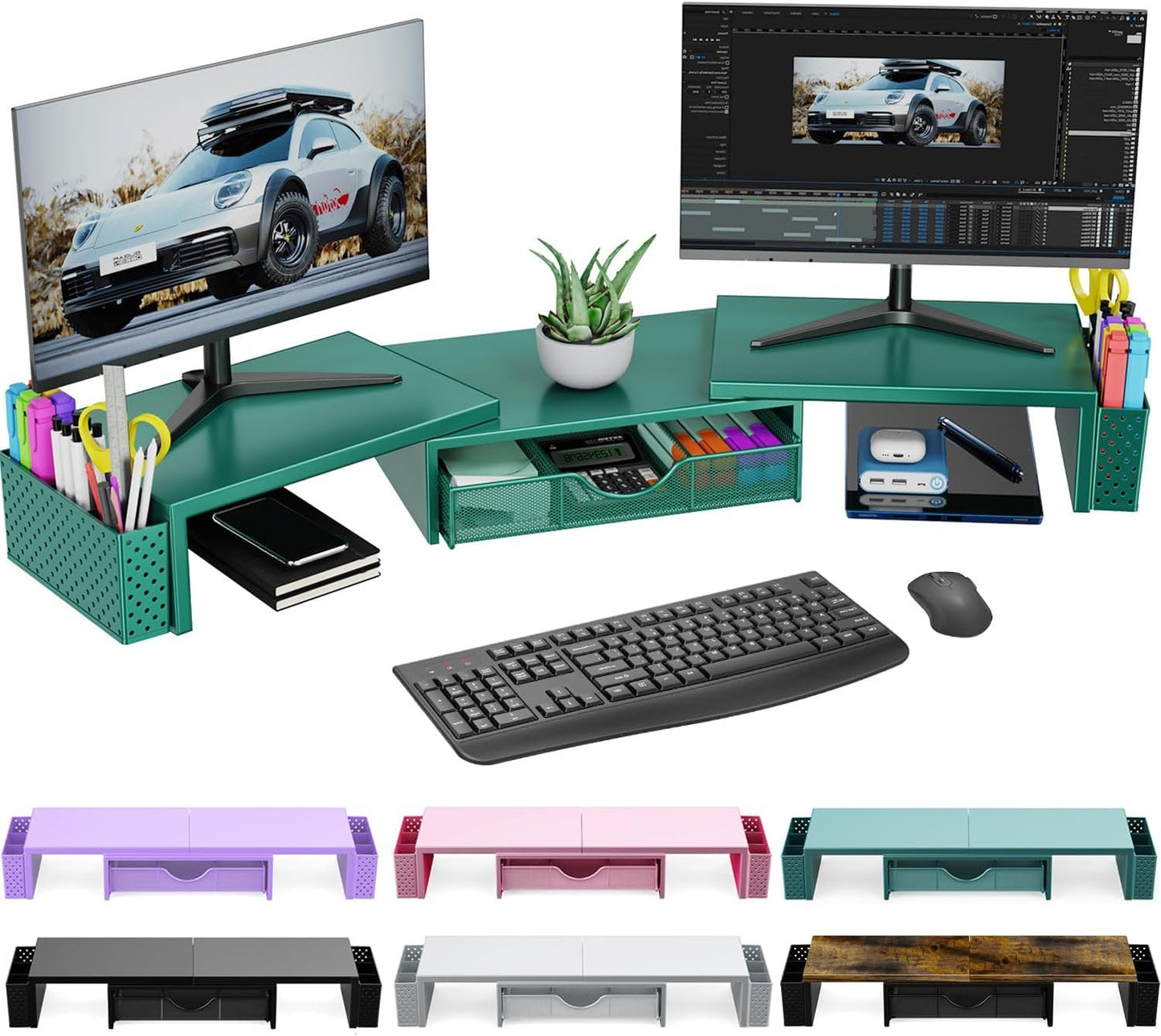 Spacrea Metal Desk Organizers and Accessories, Dual Monitor Stand Riser with Drawer and 2 Pen Holders, Desk Accessories & Workspace Desktop Organizers for Office Supplies (Dark Gree)