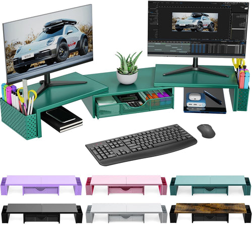 Spacrea Metal Desk Organizers and Accessories, Dual Monitor Stand Riser with Drawer and 2 Pen Holders, Desk Accessories & Workspace Desktop Organizers for Office Supplies (Dark Gree)