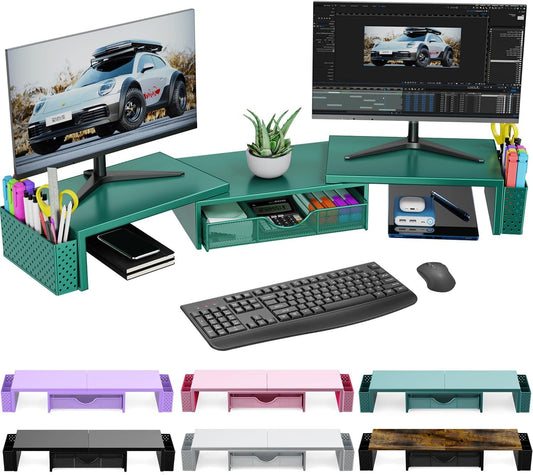 Spacrea Metal Desk Organizers and Accessories, Dual Monitor Stand Riser with Drawer and 2 Pen Holders, Desk Accessories & Workspace Desktop Organizers for Office Supplies (Dark Gree)