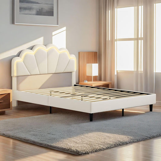Luxsuite Double Size Bed Frame with Elegant Flowers Headboard Metal Platform Wooden Mattress Base Bedroom Furniture Foundation White