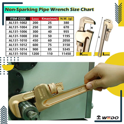 WEDO Non-Sparking Pipe Wrench (Length 300mm, Opening Max 40mm), Spark-Free Straight Plumbing Wrench, No Spark Safety Spanner, Aluminum Bronze, DIN Standard, BAM & FM Certificate