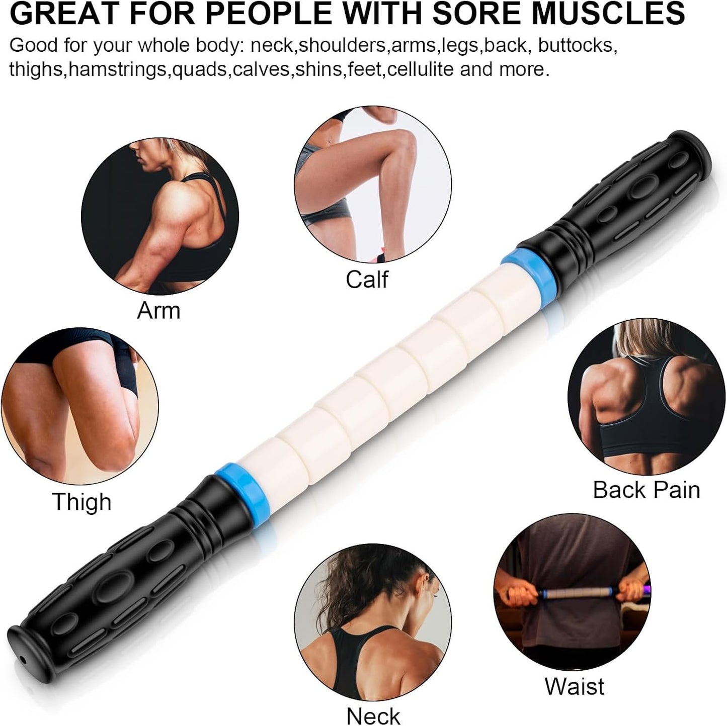 iGreely Premium Muscle Roller The Ultimate Massage Roller Stick 17 Inches Recommended by Physical Therapists Promotes Recovery Fast Relief for Cramps Soreness Tight Muscles White(bendable)