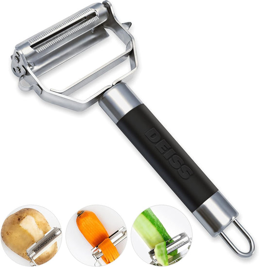 Deiss PRO Swivel Vegetable Peeler - Sharp Stainless Steel Peeler with Easy Non-Slip Hand Grip, Potato Peelers for Kitchen, Fruit, Carrot, Apple, Veggie, Kiwi, Durable, Dishwasher Safe (Silver Wide)
