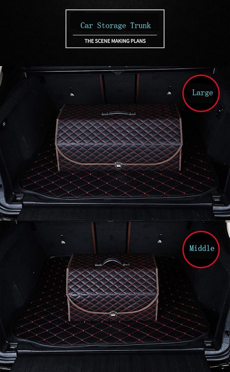 BingooPan Trunk Organizer for SUV | Car Organizers and Storage | Car Trunk Leather Storage Box | Extra Large, Metal Buckle Lid, Collapsible and Adjustable