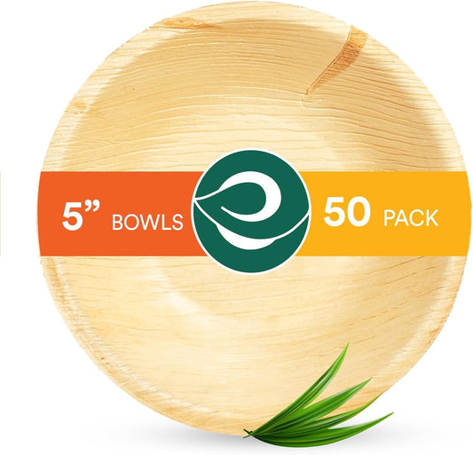 ECO SOUL 100% Compostable Small 5 Inch 8 Oz Palm Leaf Bowls [50-Pack] Disposable Dessert Bowls Bamboo Style I Heavy Duty Eco-Friendly Sturdy Bowl I Biodegradable Eco Bowls
