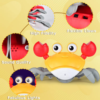 Crawling Crab Baby Toy, Infant Tummy Time Crawling Crab Toy Walking Moving Toy with Music & Automatic Obstacle Baby Interactive Learning Toy （Includes Battery, Meets IC Certification）