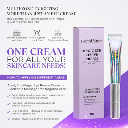 Magic Eye Revive Cream | Advanced Anti-Aging Treatment with Built In Viberating Massager | Hyderating, Firming & Brightening Formula | Anti Wrinkle, Fine Lines & Dark Circles, Puffiness & Under Eye Bags | Peptide Infused with Herbal Extracts