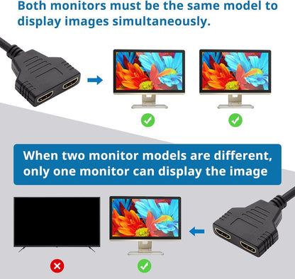 HDMI Cable 1080P Male to Dual HDMI Female, HDMI Splitter for Dual Monitors, Multimedia Interface Adapter 1 to 2 Way for HDMI HD, LED, LCD, TV