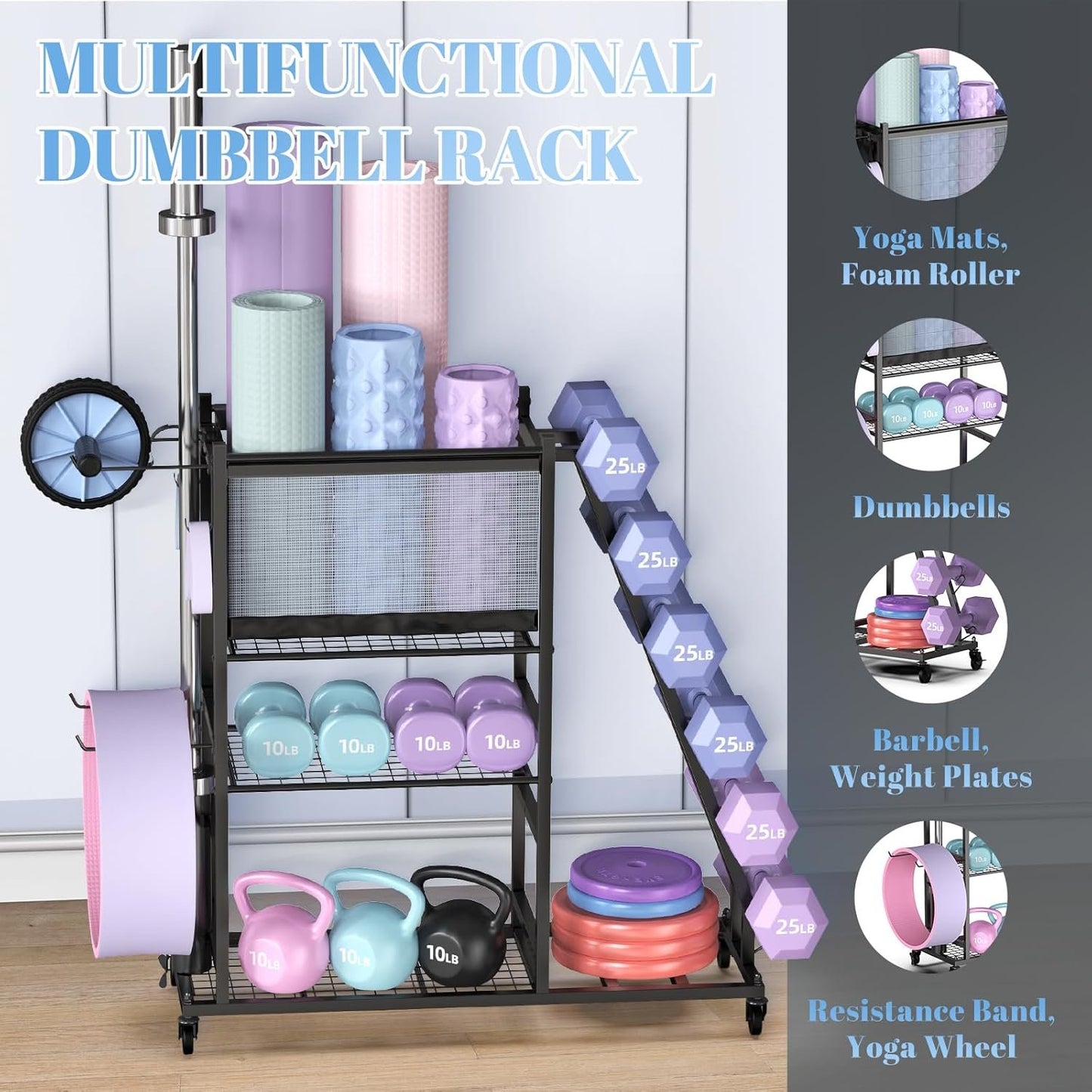 PLKOW Dumbbell Rack Stand, Home Gym Storage Rack, Weight Racks for Dumbbells, Kettlebells, Barbells,Yoga Mat,Yoga Strap, Home Gym Organizer, Workout Equipment Storage Organizer with Hooks and Wheels