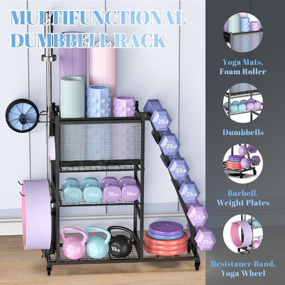 PLKOW Dumbbell Rack Stand, Home Gym Storage Rack, Weight Racks for Dumbbells, Kettlebells, Barbells,Yoga Mat,Yoga Strap, Home Gym Organizer, Workout Equipment Storage Organizer with Hooks and Wheels