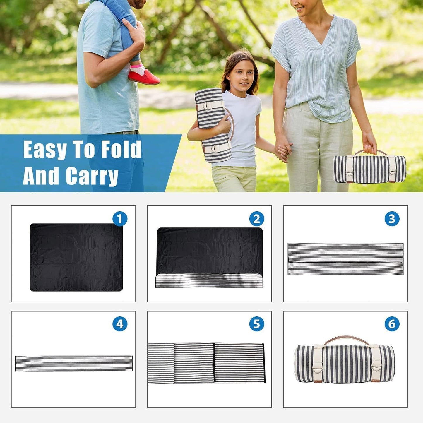 TARODEA Waterproof Picnic Blanket Portable with Carry Strap for Beach Mat or Family Outdoor Camping Party (Nave Blue, 200 X 200 cm)