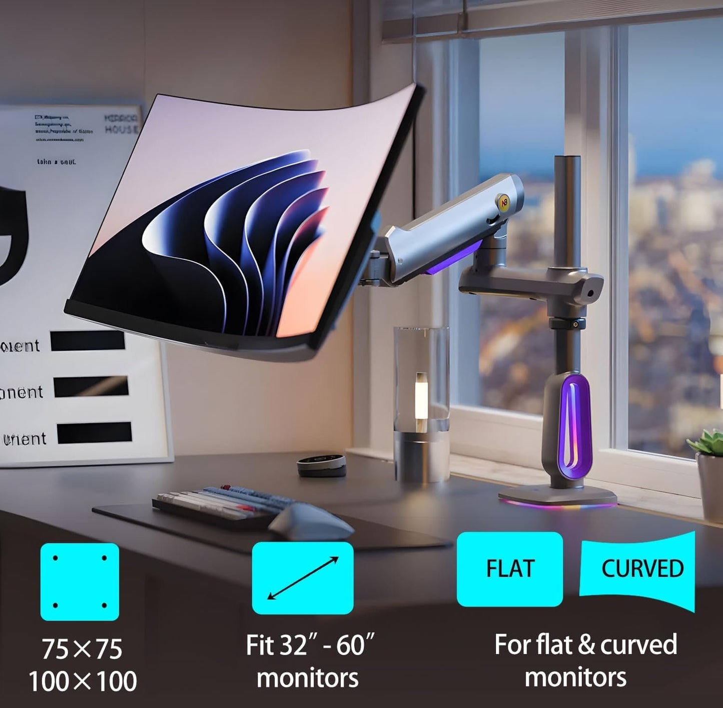 NB ERGONOMIC RGB Gaming Monitor-Arm for Flat/Ultrawide/Curved Monitors 32 to 60 inch, Heavy Duty Stand Load up to 20 kg, VESA 75/100 mm Monitor Mount G80